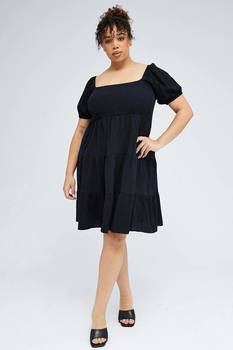 Black Mini Dress Tiered Shirred Bust Puff Sleeve Night Edge