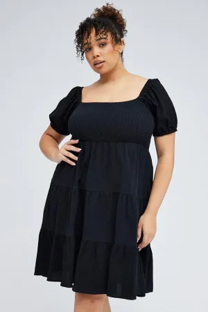 Black Mini Dress Tiered Shirred Bust Puff Sleeve Flirty Fit Star Heat
