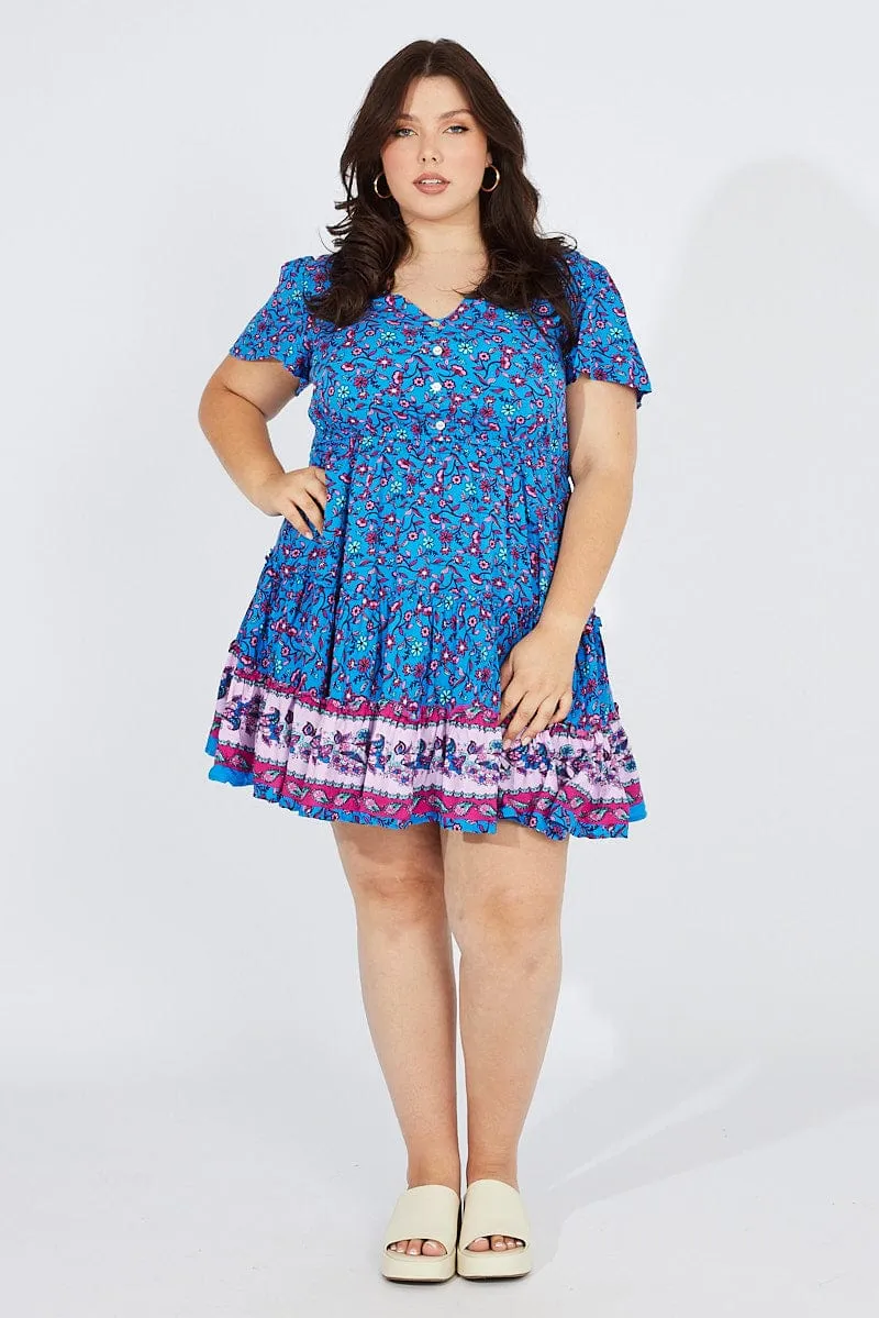 Blue Boho Fit And Flare Dress V-neck Mini Dress Stage Beat Easy Wear