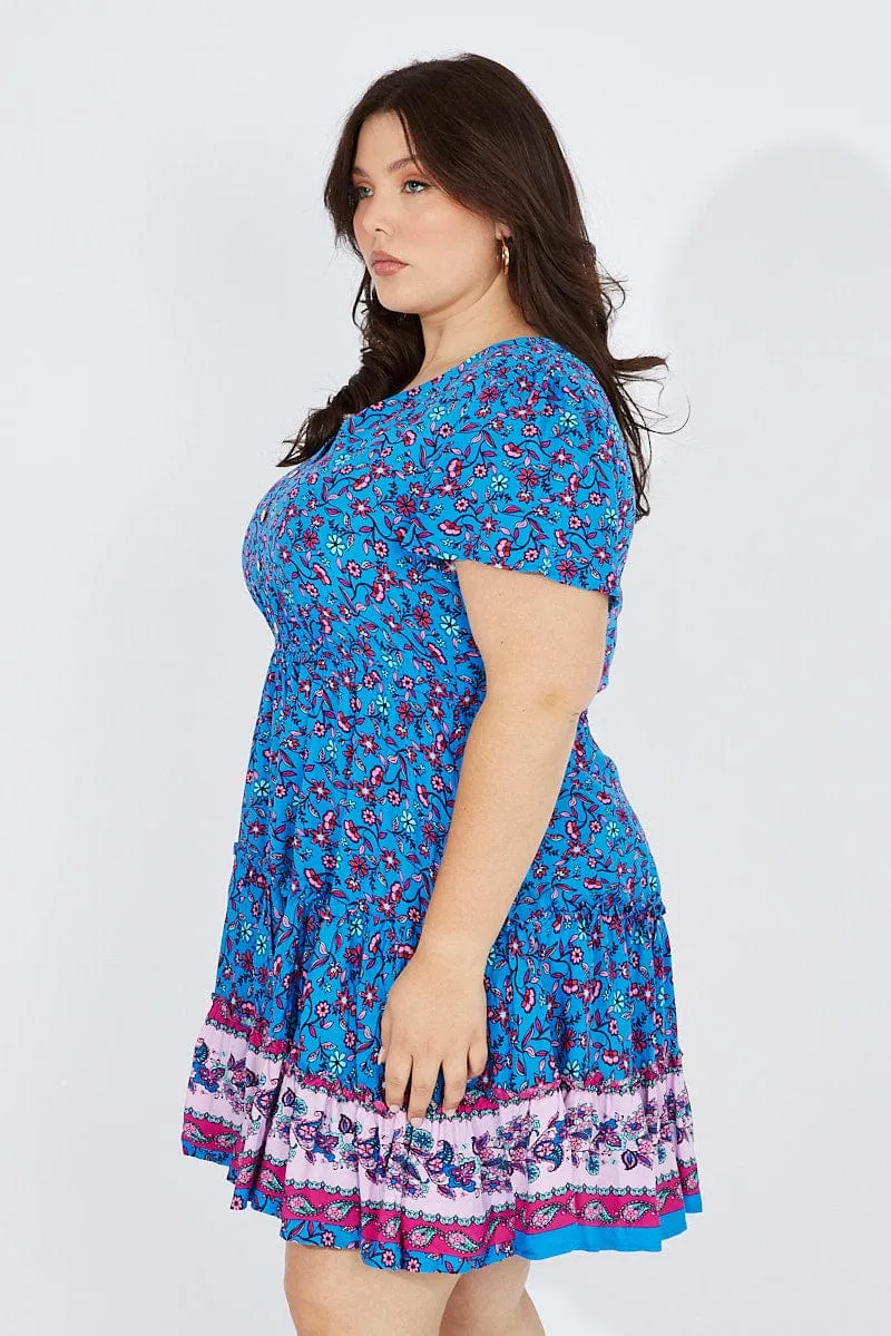 Light Soft Blue Boho Fit And Flare Dress V-neck Mini Dress