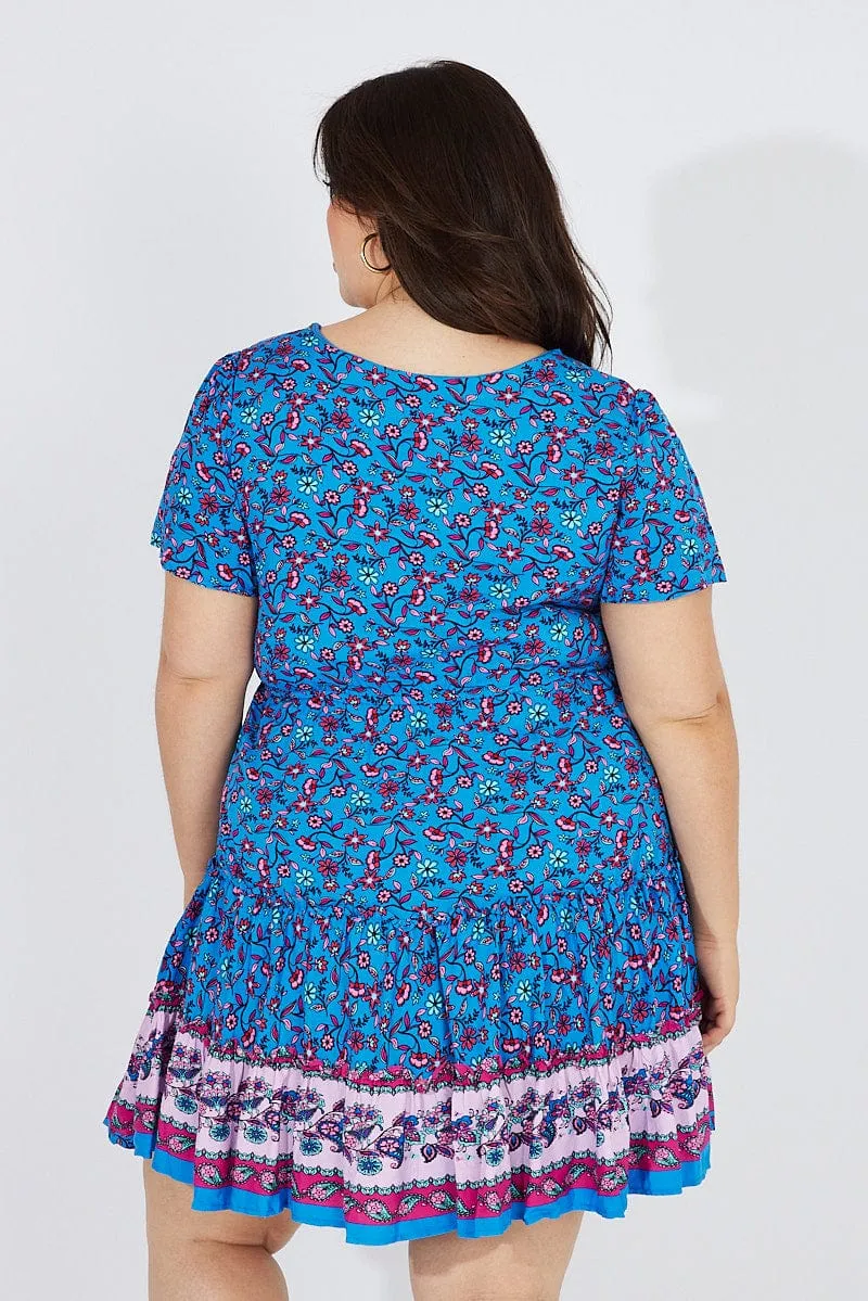 Blue Boho Fit And Flare Dress V-neck Mini Dress Easy Look