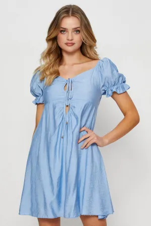 Blue Mini Dress Short Sleeve Flattering mini dress for all shapes Cozy Comfort