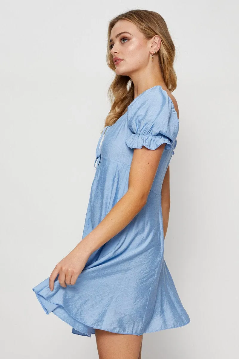 Soft Brushed Interior Blue Mini Dress Short Sleeve