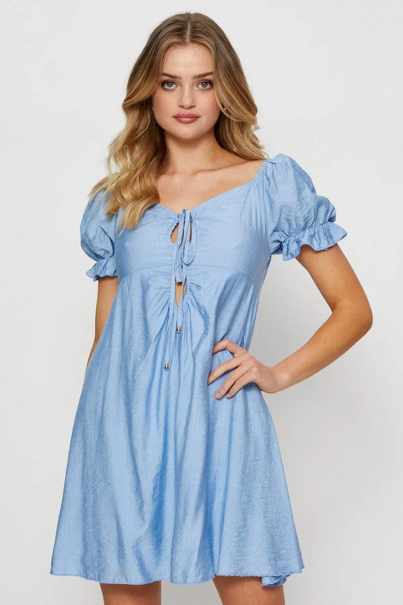 Blue Mini Dress Short Sleeve Flattering mini dress for all shapes Cozy Comfort