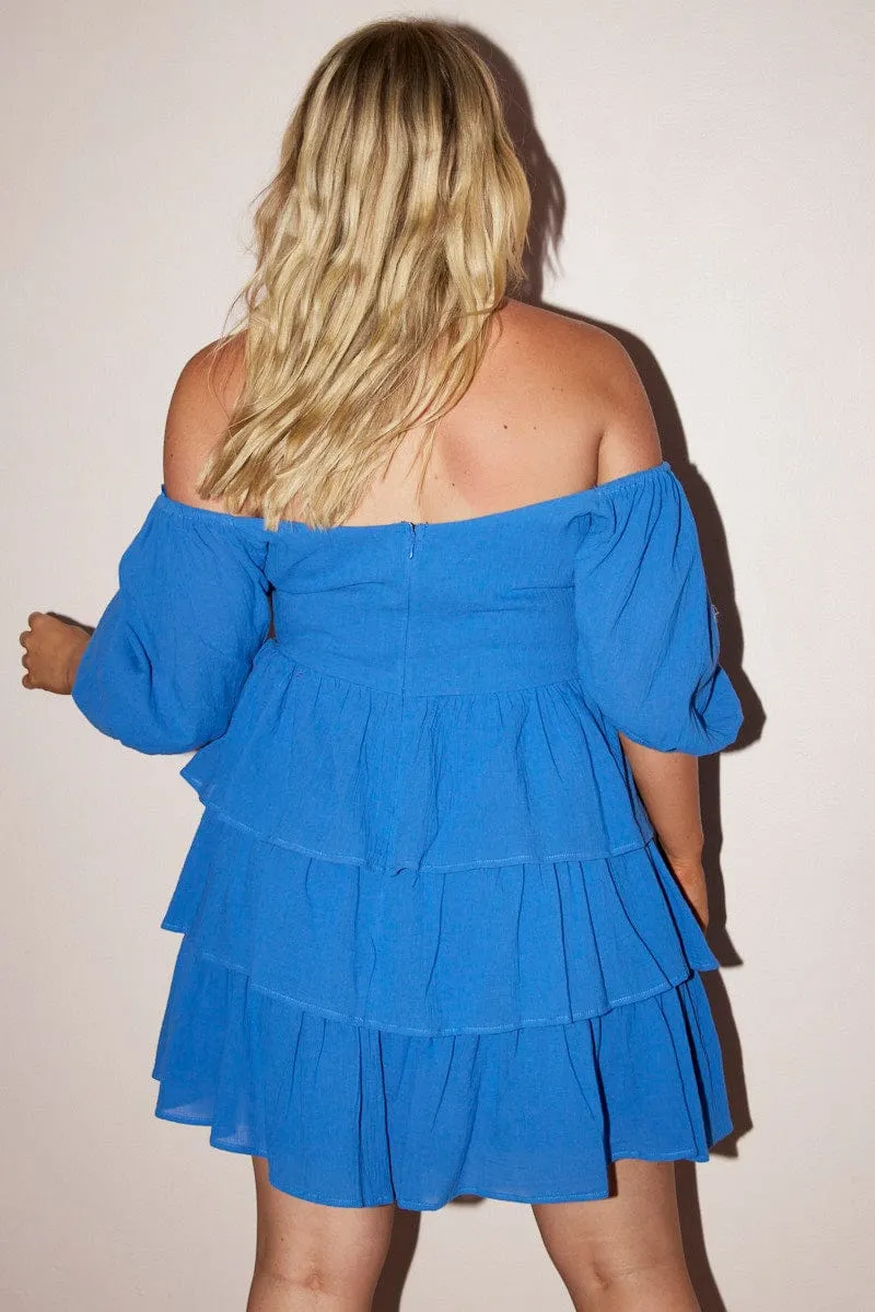 Blue Tiered Crinkle Puff Sleeve Mini Dress Scene Heat