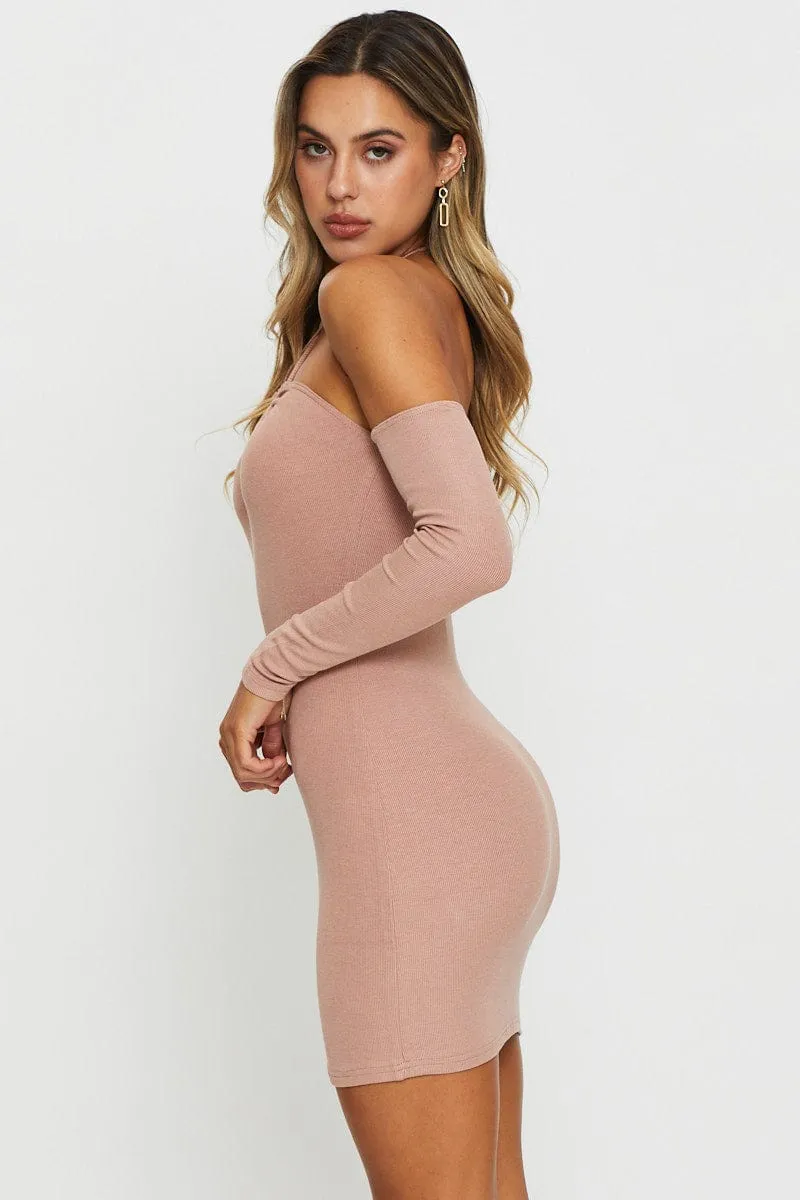 Brown Mini Dress Bodycon Halter Neck Adjustable Hem