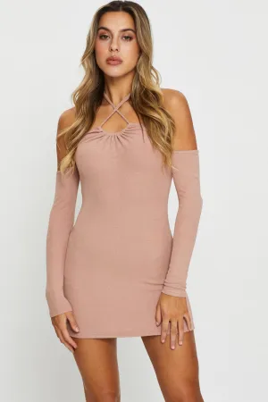 Urban Pop Timeless Fashion Brown Mini Dress Bodycon Halter Neck