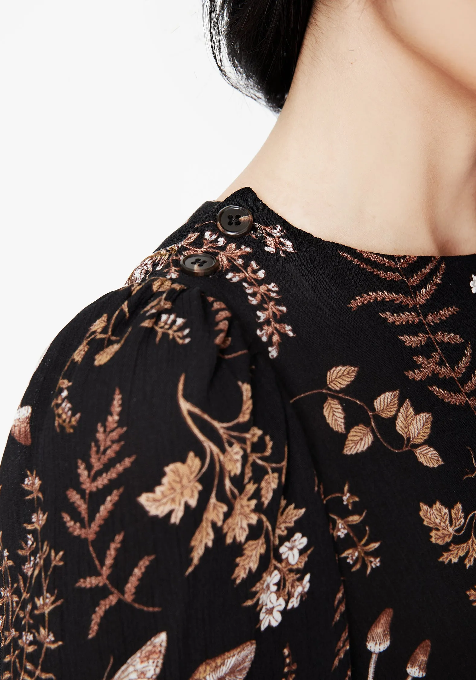 Bold Silhouette Modern mini dress with sleeves Luthien Shoulder Button Detail Mini Smock Dress