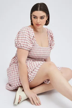 Pink Check Shirred Bodice Mini Dress Gingham Beat Soft Scene Hot