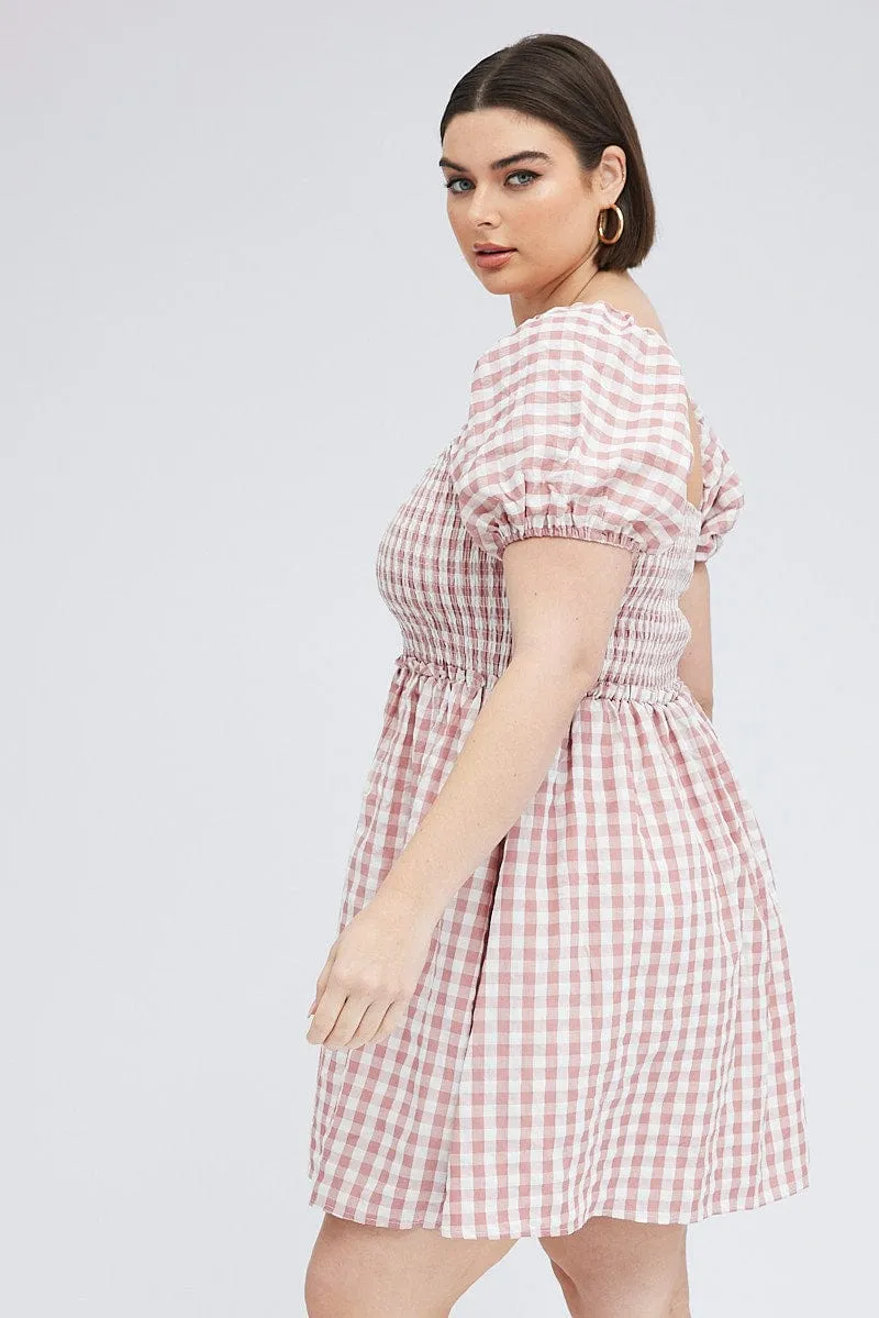 Fishtail Hem Finish Stage Star Pink Check Shirred Bodice Mini Dress Gingham