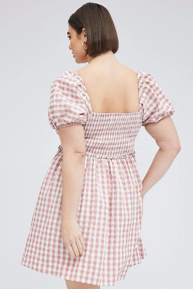 Light Pop Pink Check Shirred Bodice Mini Dress Gingham