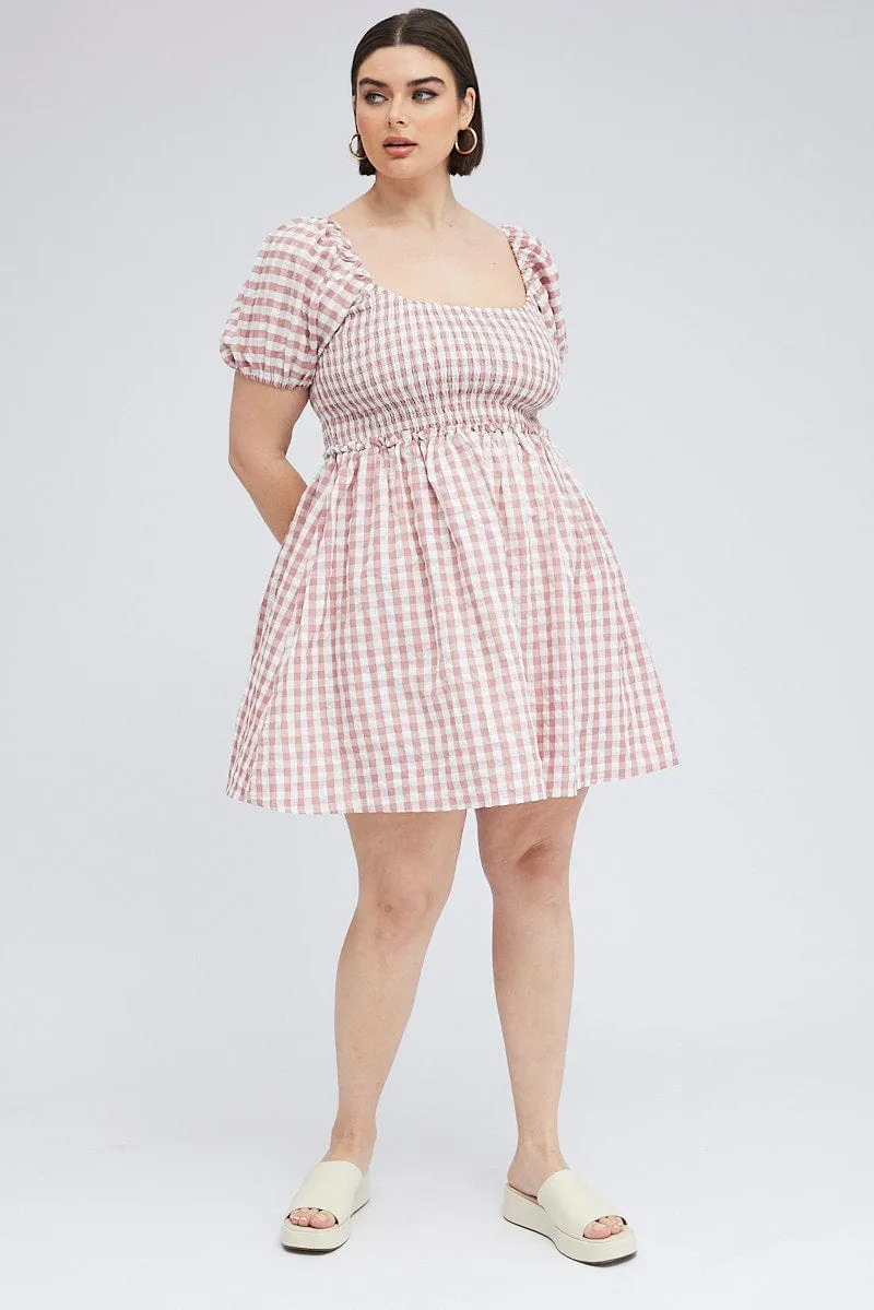 Pink Check Shirred Bodice Mini Dress Gingham Star Glow elegant design