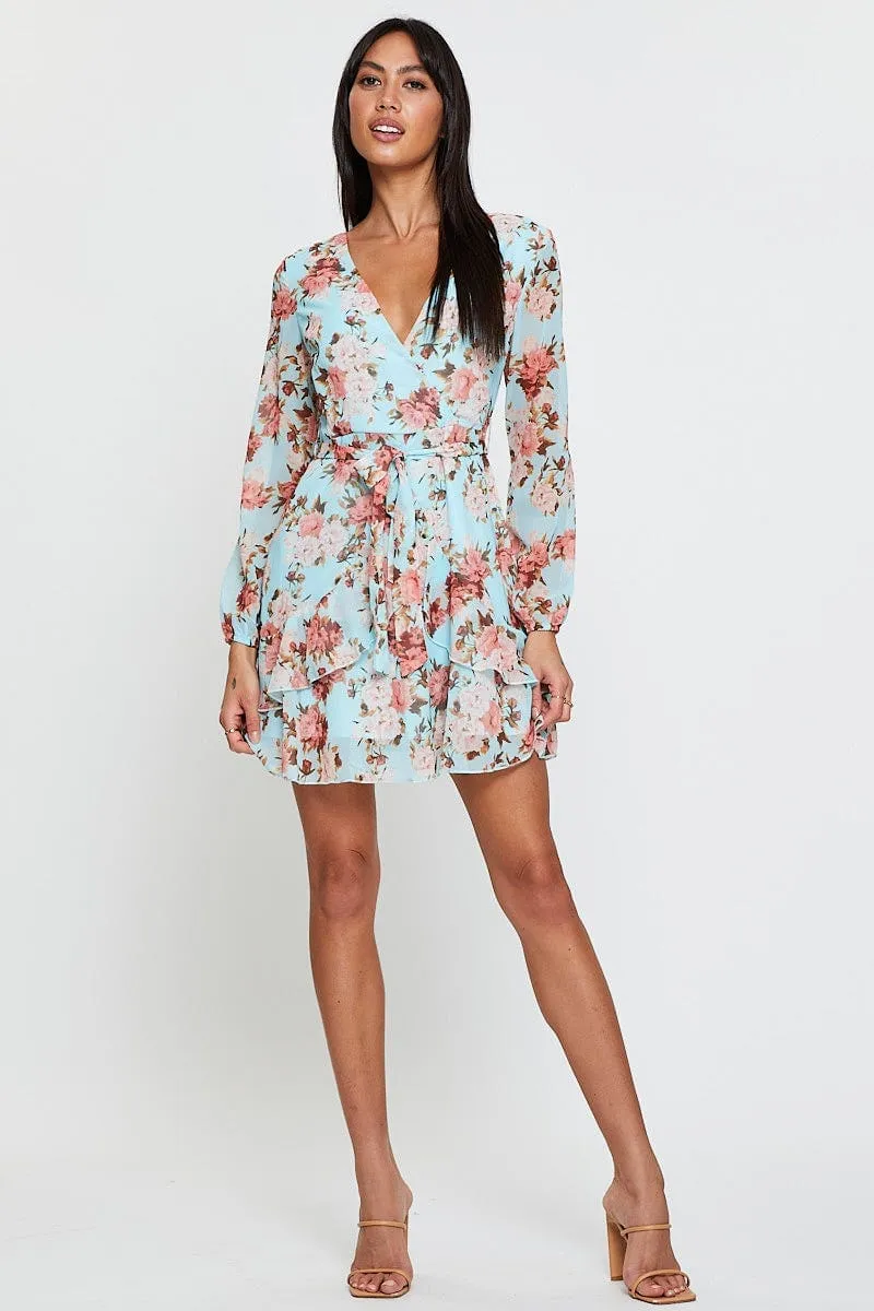 Print Mini Dress Long Sleeve V Neck Bold Glow