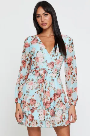 Classic casual mini dress Print Mini Dress Long Sleeve V Neck