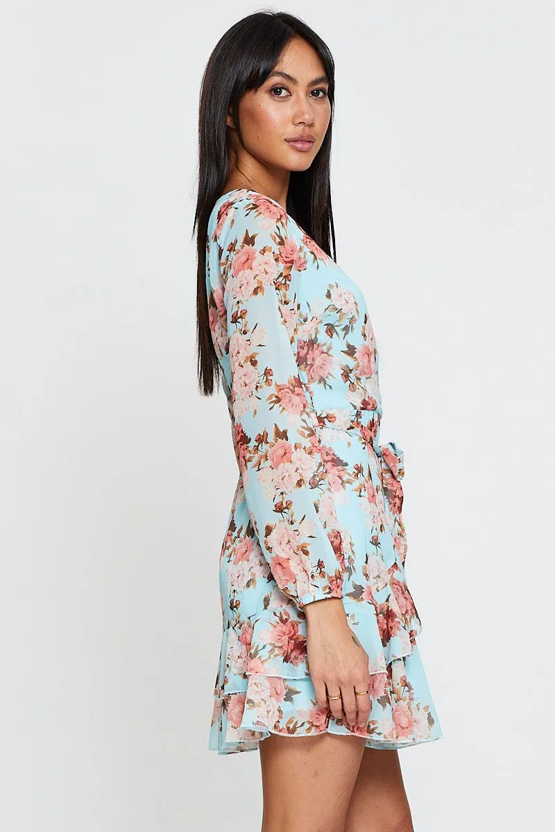 Print Mini Dress Long Sleeve V Neck Trendy Wear