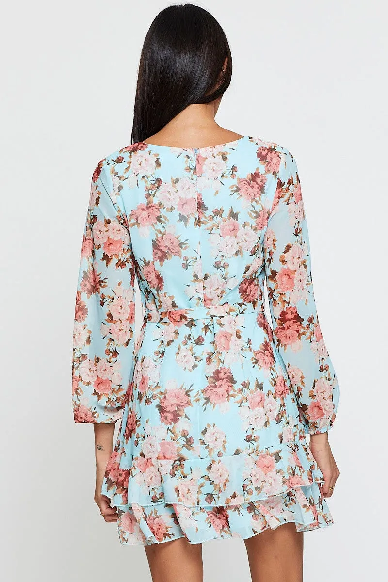 Print Mini Dress Long Sleeve V Neck Pose Queen Urban Wear