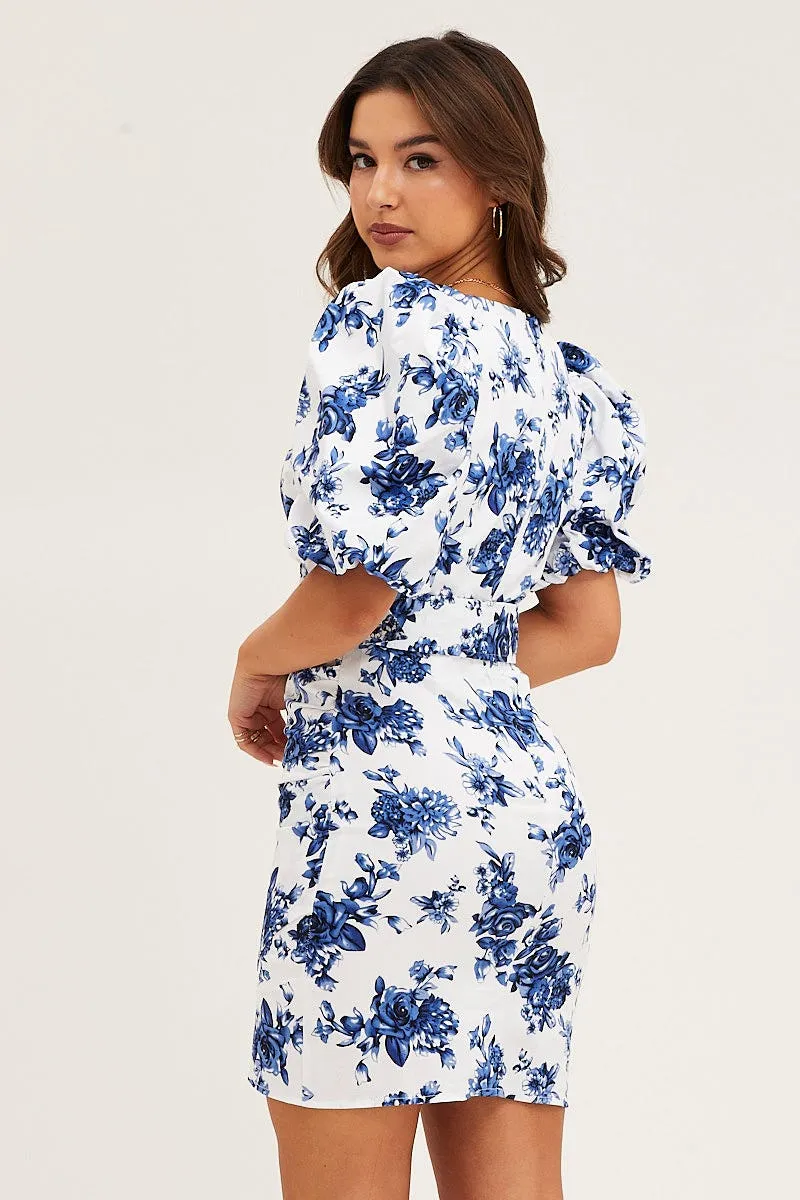 Print Mini Dress Short Puff Sleeve V-Neck Belted Trend Pop