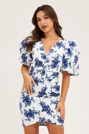 Print Mini Dress Short Puff Sleeve V-Neck Belted Soft fabric mini