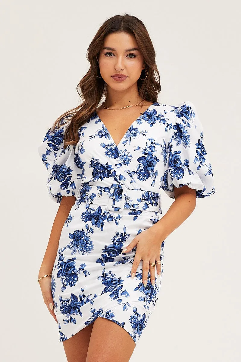 Trendy mini outfit Lightweight party mini Print Mini Dress Short Puff Sleeve V-Neck Belted