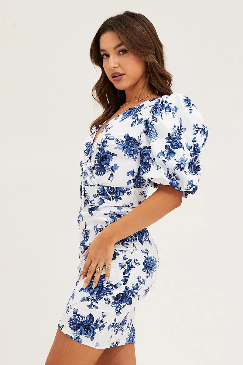 Print Mini Dress Short Puff Sleeve V-Neck Belted Fun Edge