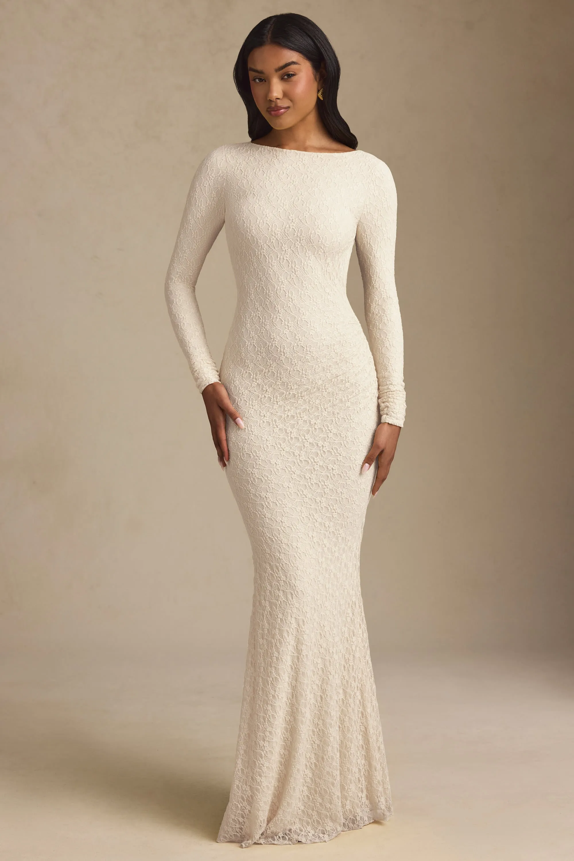 Ruched Backless Lace Maxi Dress in Ivory Evening Gold