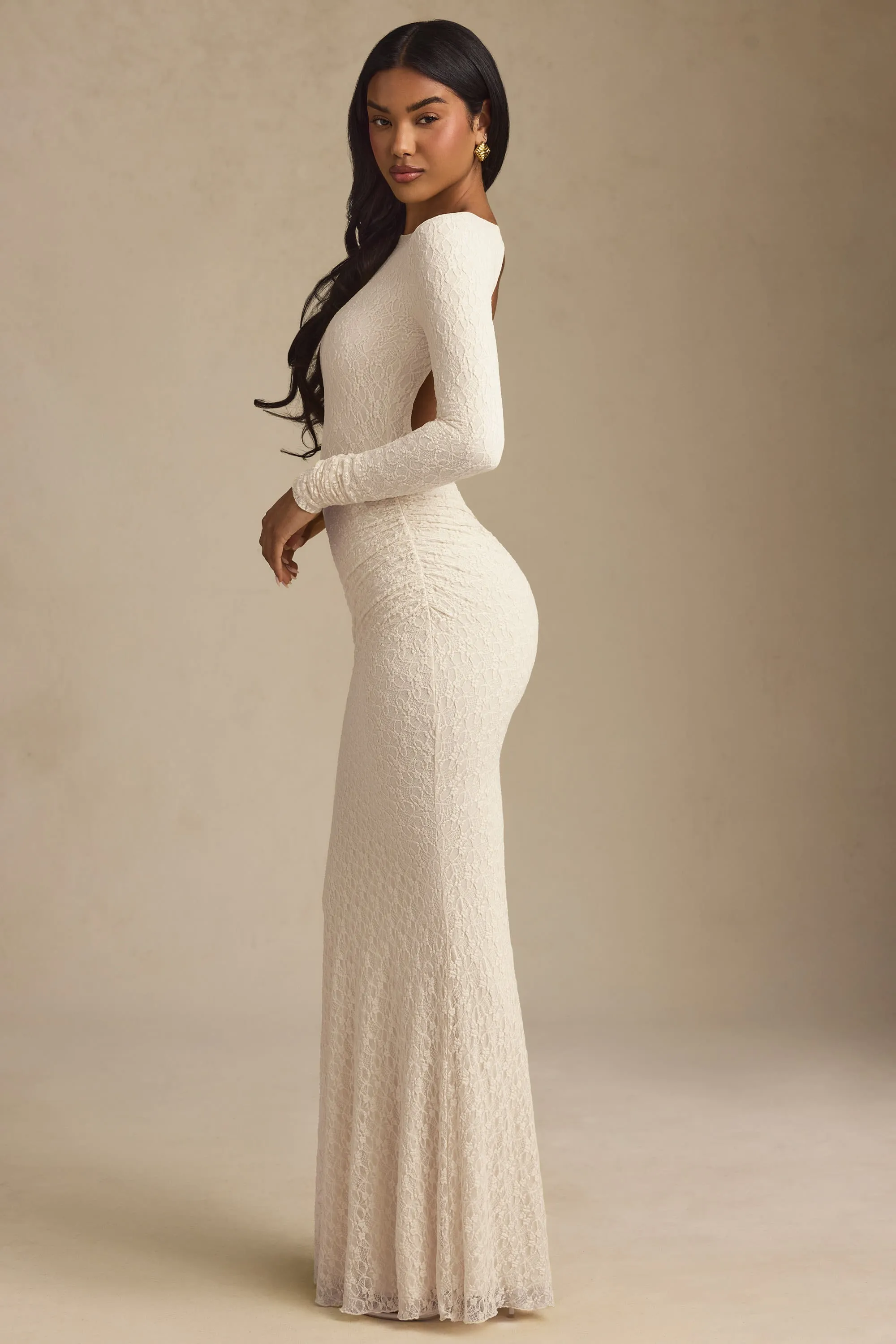 Garden Lane Versatile maxi with accessories Ruched Backless Lace Maxi Dress in Ivory
