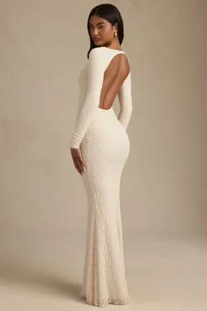 Ruched Backless Lace Maxi Dress in Ivory Glass Hall Comfortable event wear