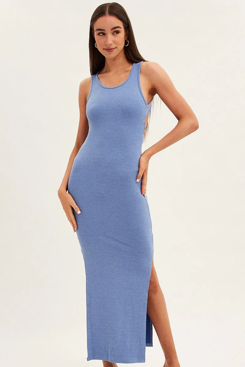 Tulle Glow Metro View Blue Maxi Dress Sleeveless Bodycon Rib