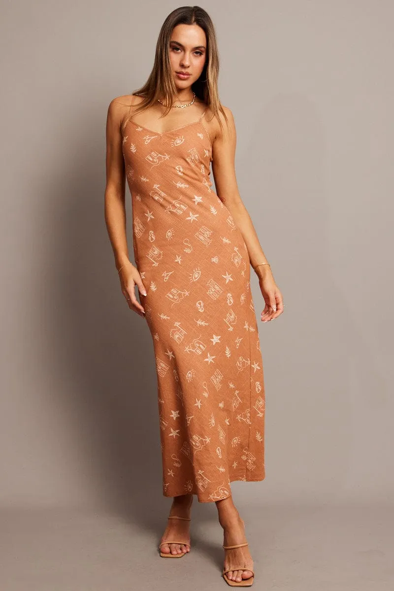 Brown Abstract Maxi Dress Bias Cut Daylight Warm Luxurious long dress