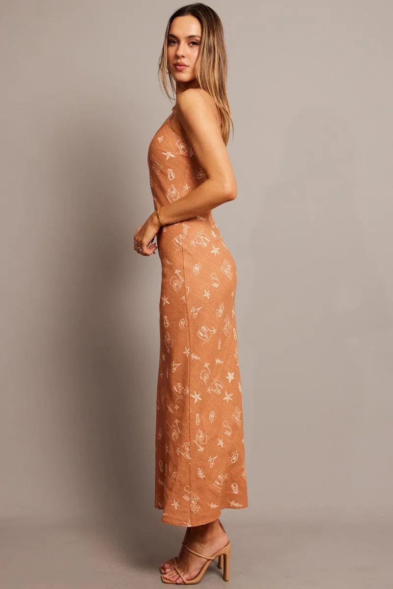 Brown Abstract Maxi Dress Bias Cut Vibrant evening maxi Designed to complement every body shape this dress enhances your natural silhouette