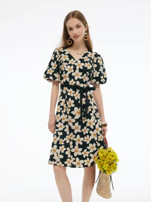 Chic dinner outfit Cotton Stretch Floral Print Women Tie Belt Midi Dress
