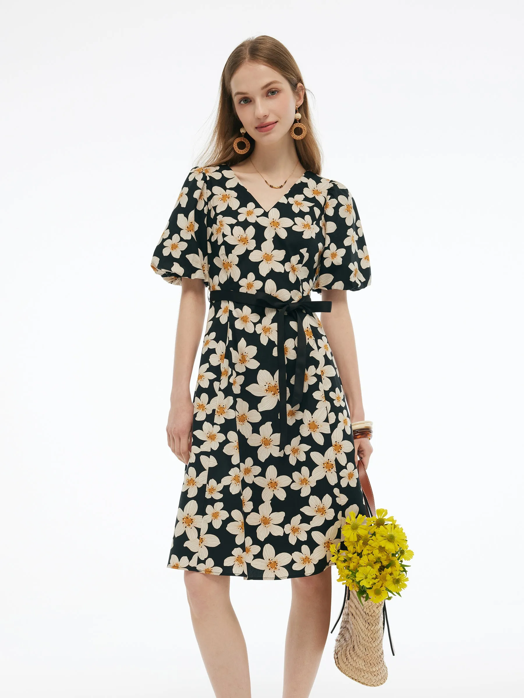 Chic dinner outfit Cotton Stretch Floral Print Women Tie Belt Midi Dress