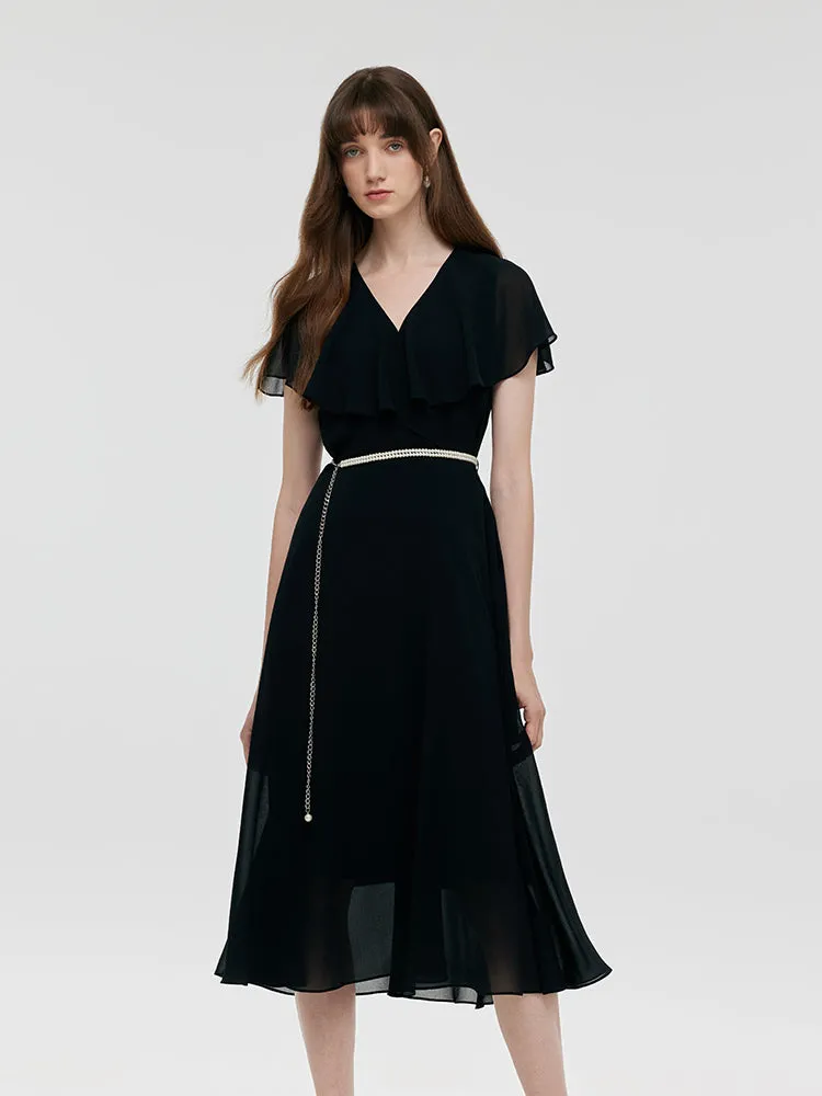 Gathered Waist Women Midi Dress With Beaded Belt Effortless day-to-evening dress