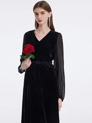 Silk Blend Patchwork V-Neck Women Midi Velvet Dress With Belt Elegant office dress Canyon Walk