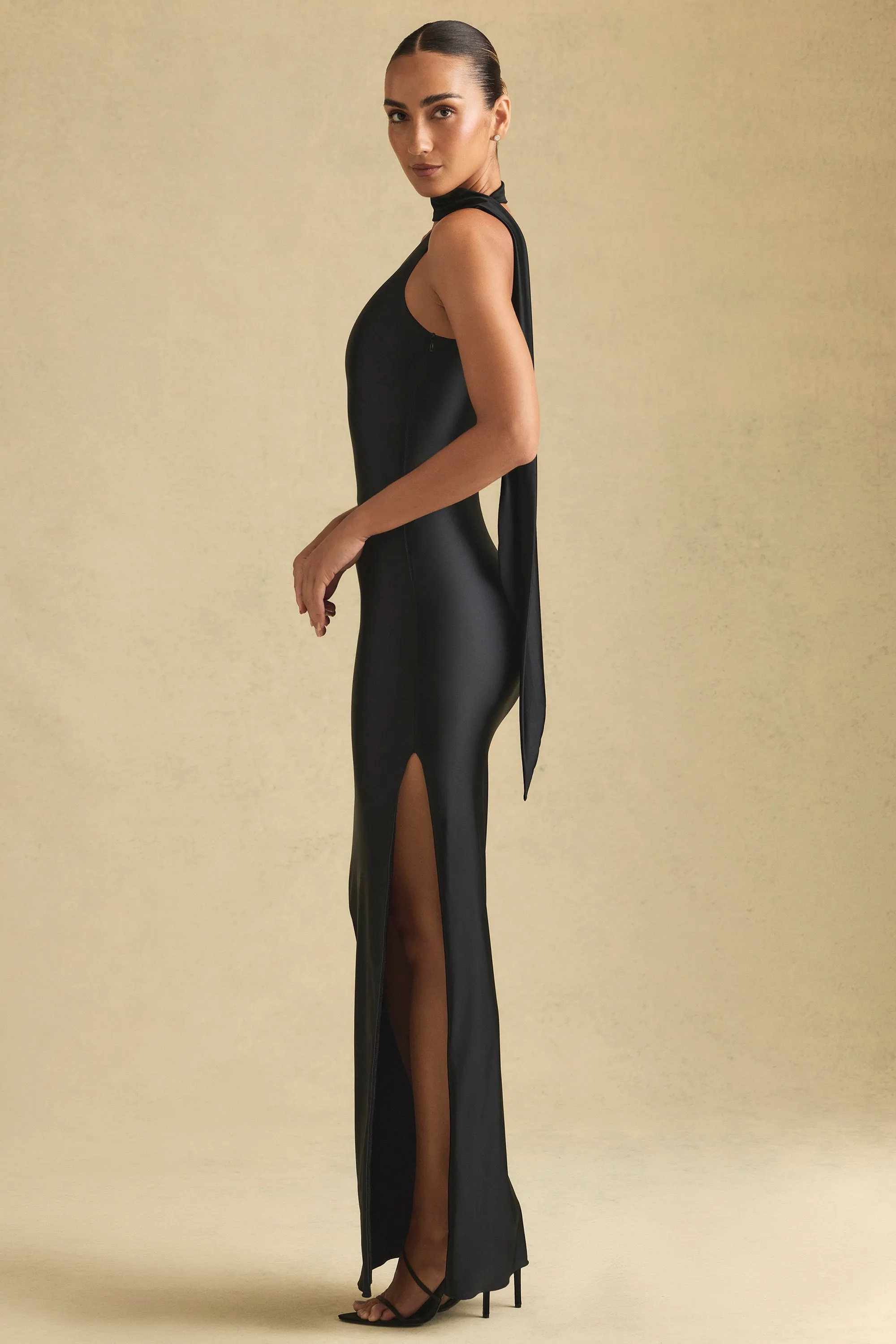 Asymmetric Scarf-Detail Maxi Dress in Black Effortless vacation dress This dress works effortlessly for a variety of events providing both comfort and style