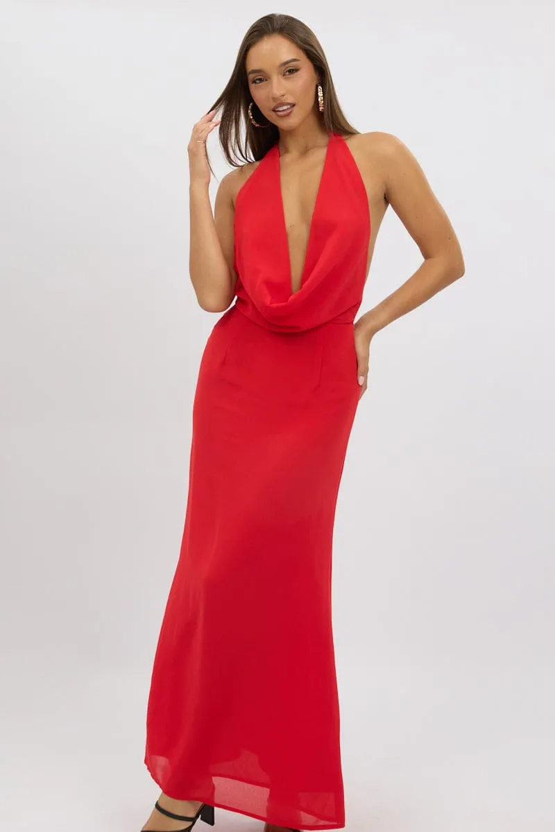Red Cowl Neck Maxi Dress The elegant design of this maxi dress adds a refined touch to your wardrobe without being overly complicated