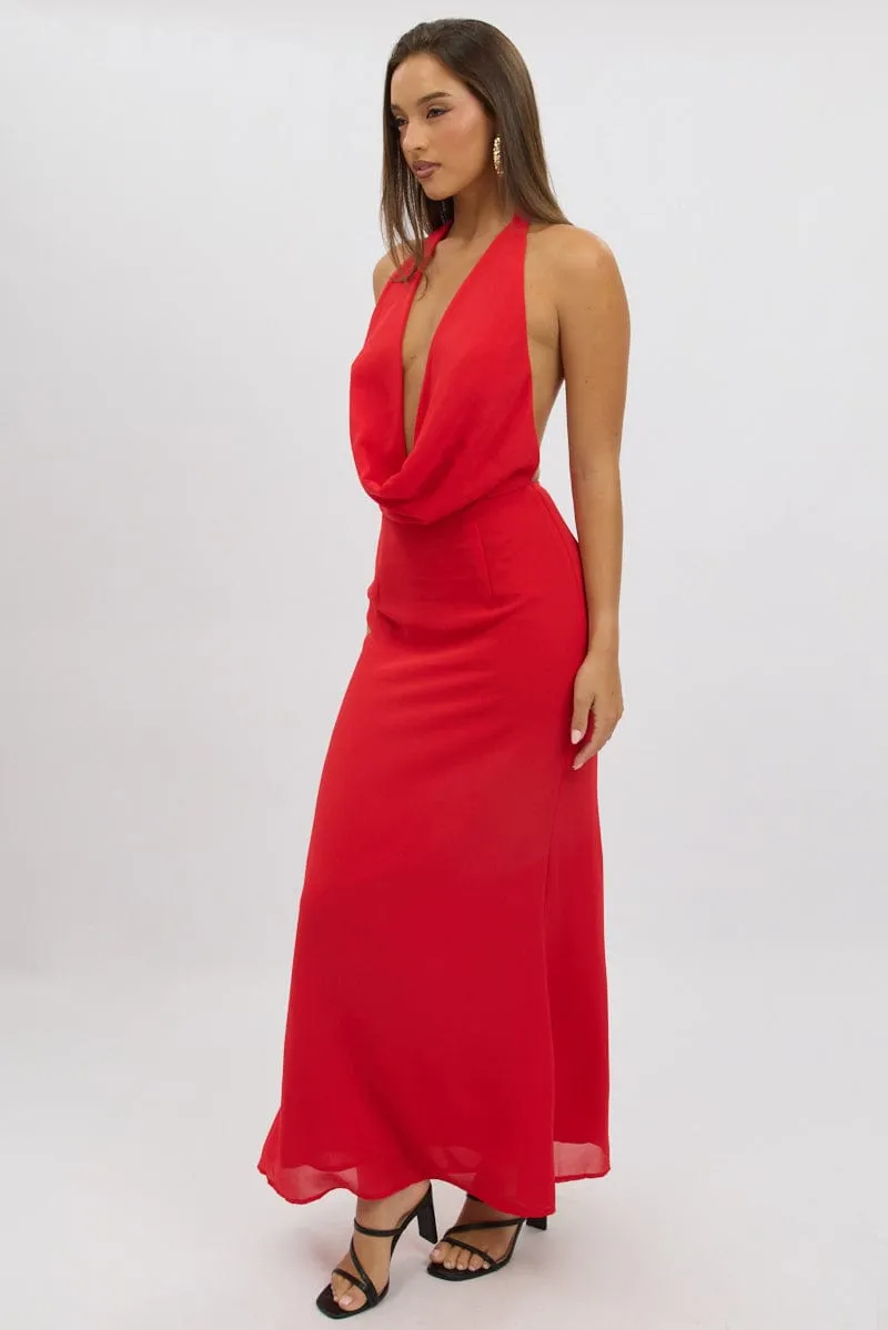 Red Cowl Neck Maxi Dress Event Perfect