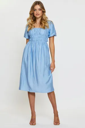 This dress is designed to keep you comfortable while maintaining a stylish and polished appearance Blue Midi Dress Short Sleeve Square Neck