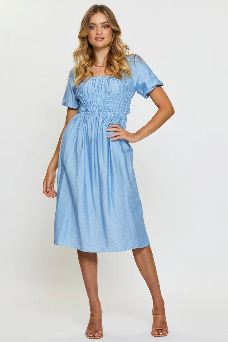 Blue Midi Dress Short Sleeve Square Neck Warm Air The dress??s versatile design allows you to wear it for work, weekend outings, or evening events