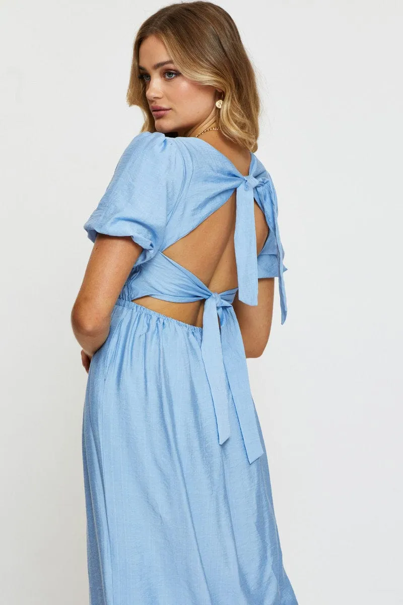 Ice Bloom Blue Midi Dress Short Sleeve Square Neck