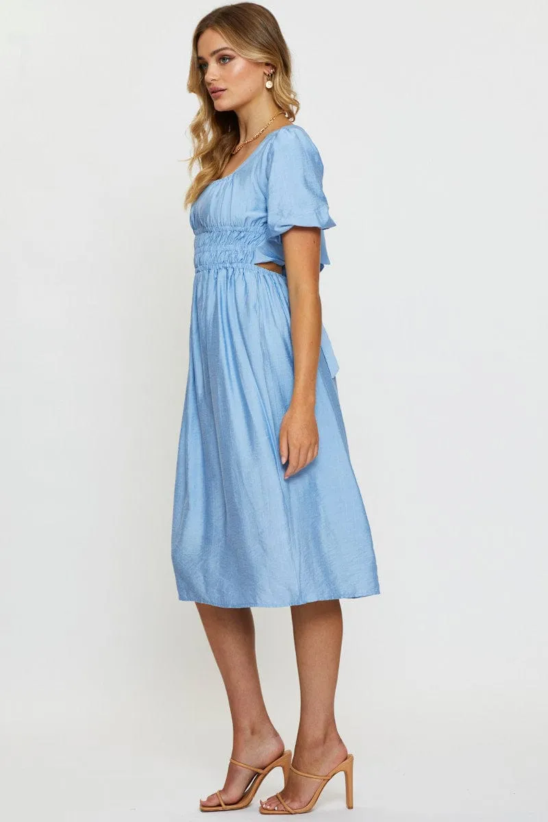 Scandi Clean Suede Touch Blue Midi Dress Short Sleeve Square Neck