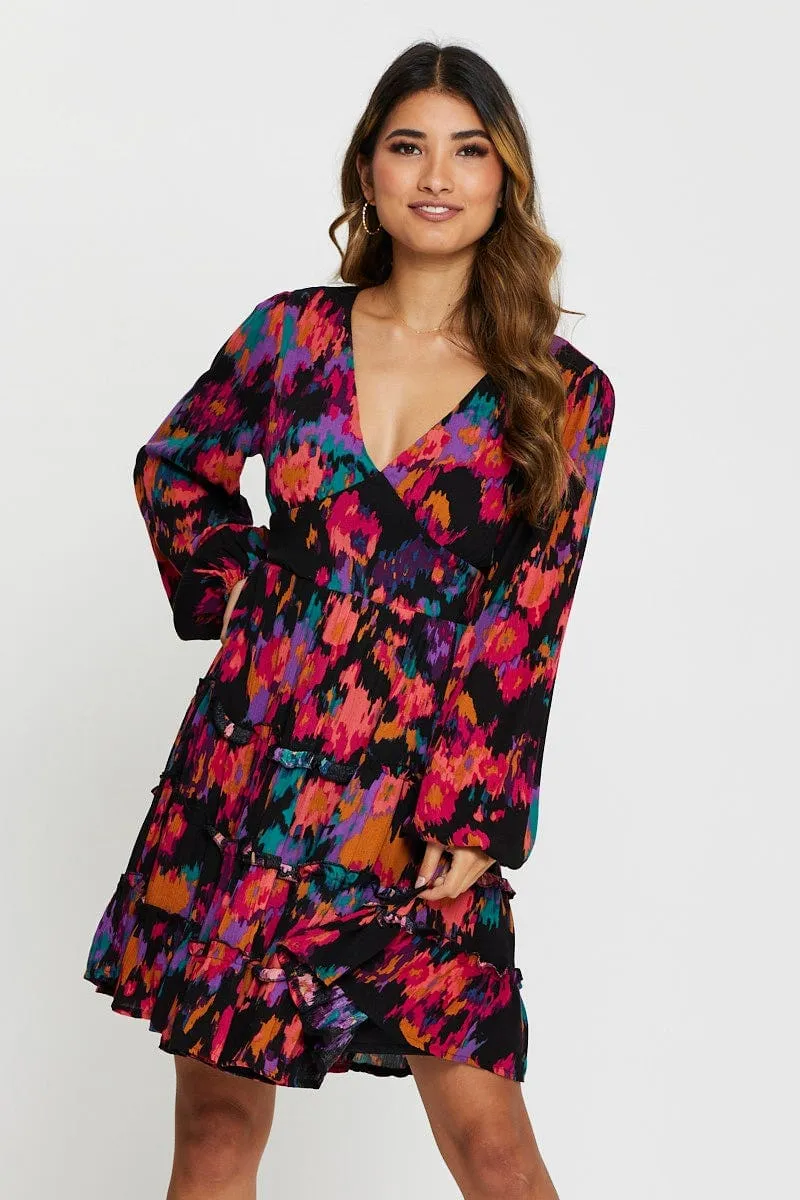 Print Mini Dress Long Sleeve Glow Star