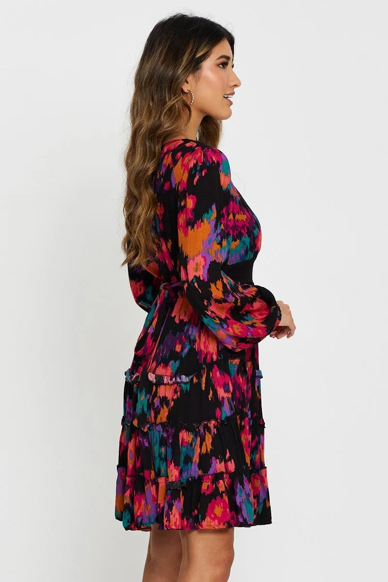 Print Mini Dress Long Sleeve Flair Mode