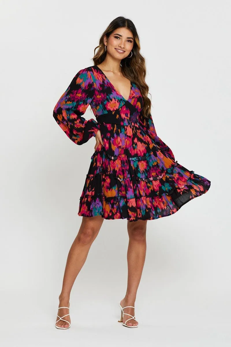 Print Mini Dress Long Sleeve Feminine relaxed mini Odor Resistant Fabric