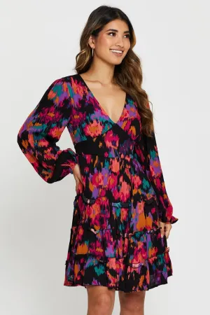 Feminine flattering short gown Print Mini Dress Long Sleeve