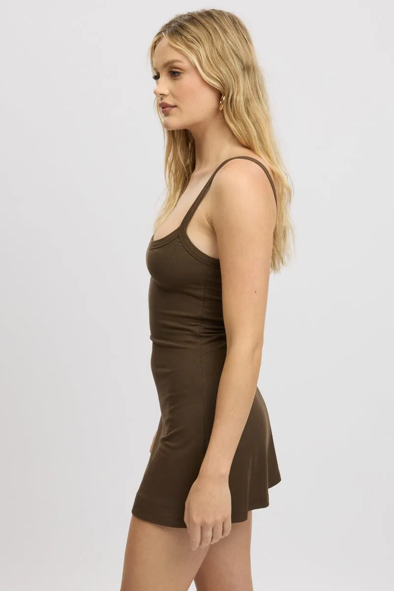 Brown Mini Dress Sleeveless Rib A-Line Dress for casual outings