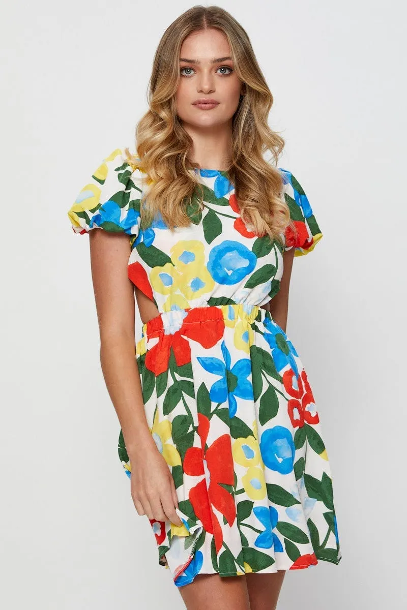 Print Mini Dress Short Sleeve Evening Heat Scene Crop Cut