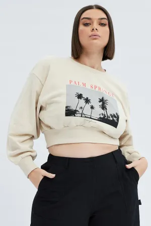 Cozy Basics White Cropped Sweatshirt Palm Springs Print Fleece
