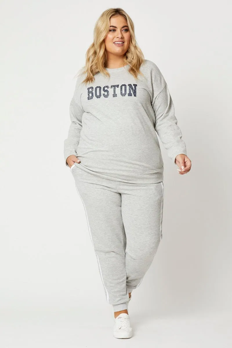 Grey Fleece Sweatshirt Boston Long Sleeve Longline Designer