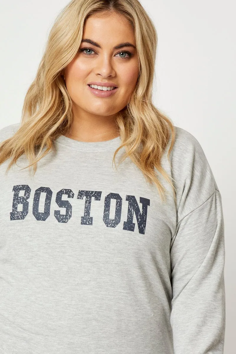 Fashion Wearable Grey Fleece Sweatshirt Boston Long Sleeve Longline